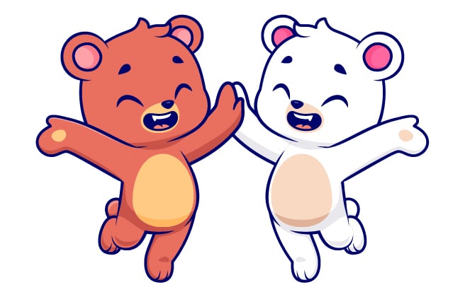 A digital image of a brown bear and a white bear smiling and playing together. Teamwork and collaboration can be practiced with rebus puzzles for kids.