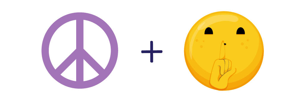 The plus sign does not always mean addition in rebus puzzles! In this case it stands for 'and'. There is an image of the peace symbol, an addition symbol, and a 'shhh' emoji. What is the answer to this rebus puzzle? The answer is included!