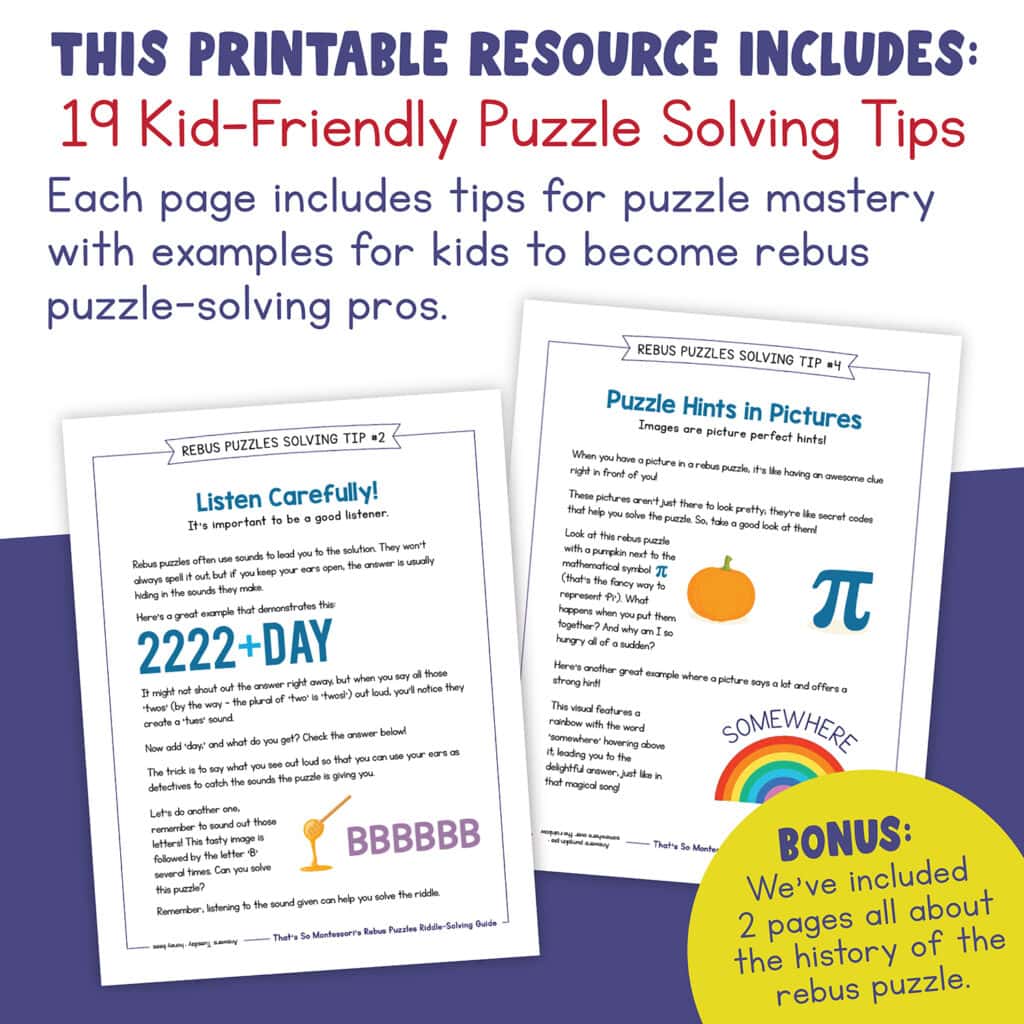 Information outlining what our product Printable Rebus Puzzle Guide & Cards | Language Resource | Brain Teasers includes.