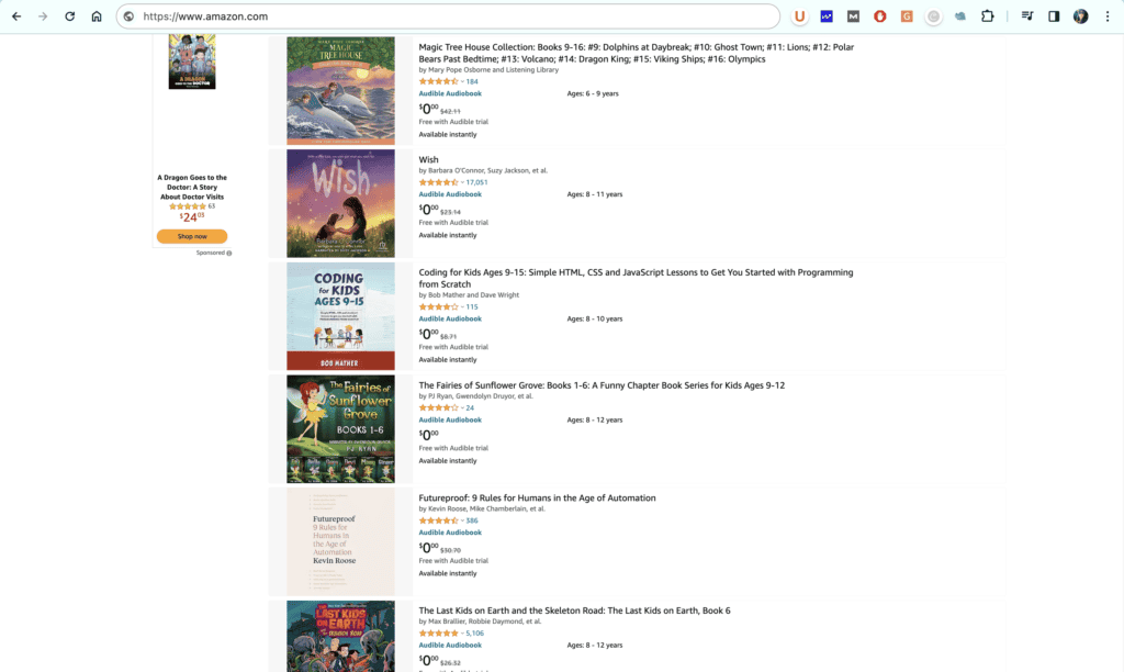 A list of audiobooks found on the Kindle Store which is part of Amazon.