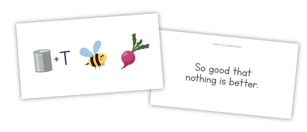 A tricky rebus puzzle card showing both sides, the front has the rebus puzzle and the back has a hint. The front features an image of a can with a plus sign and the letter 'T', then there's an image of a bee, and lastly an image of a beet. The hint for this card is 'So good that nothing is better.'