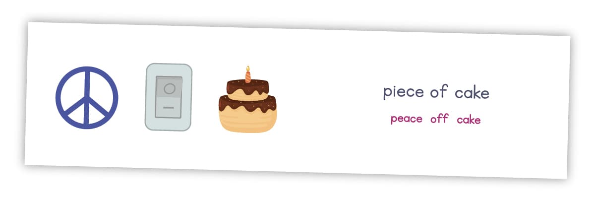 Here we have a peace sign, a light switch turned to off and a cake. This tricky rebus puzzle is 'a piece of cake', and while these rebus puzzles are tricky they sure are fun!