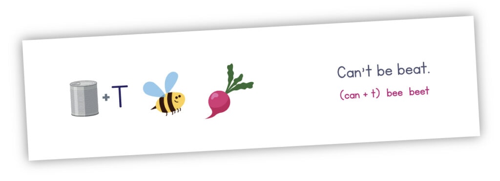 This is a close-up view of the rebus puzzle with a can, the letter (T), a bee, and a beet. The answer is shown, 'Can't be beat.'