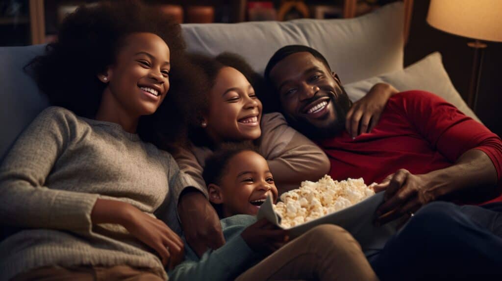 A mother, father, and their two children cuddled up on a fluffy blanket.