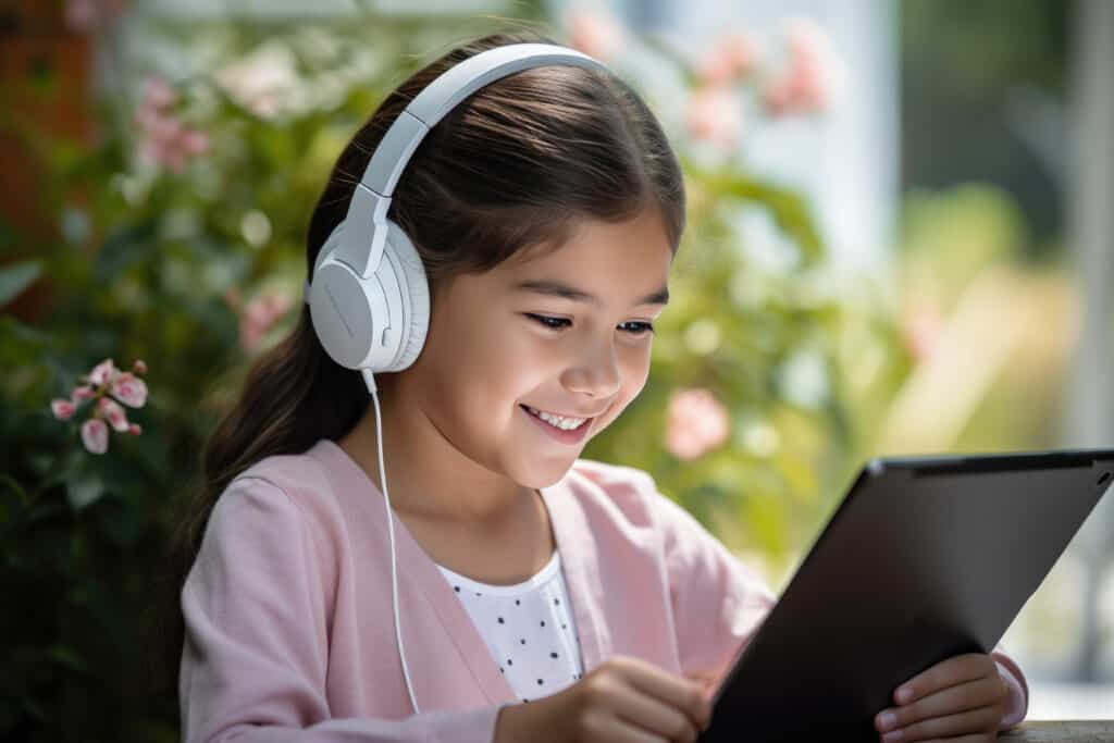 A picture of a grade 4 girl in apink cardigan wearing white headphones looking at a tablet. She is listening to an audiobook and following along with the story.