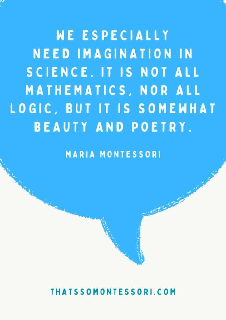 One of the Montessori quotes that is less used. It says, "We especially need imagination in science. It is not all mathematics, nor all logic, but it is somewhat beauty and poetry." 