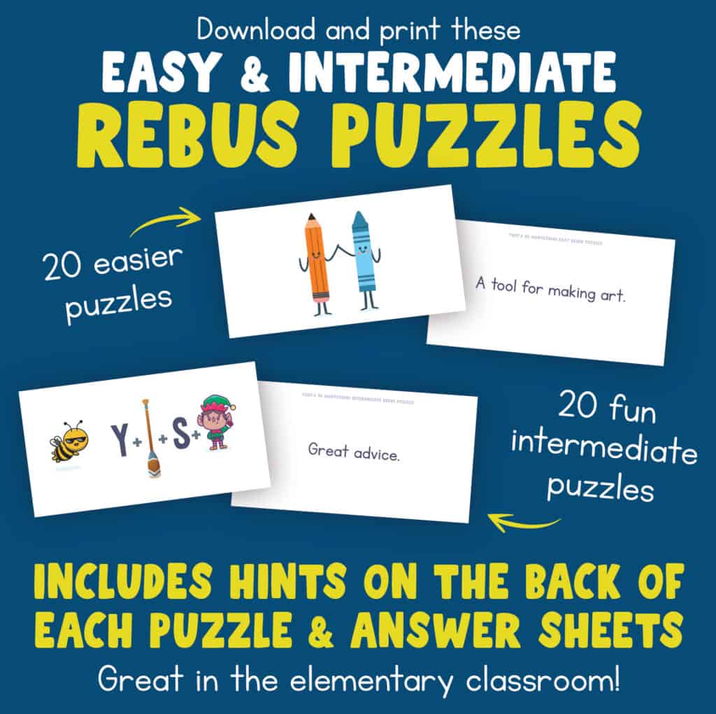 An image of the main thumnail for our Easy & Intermediate Rebus Puzzles with Answers printable product.