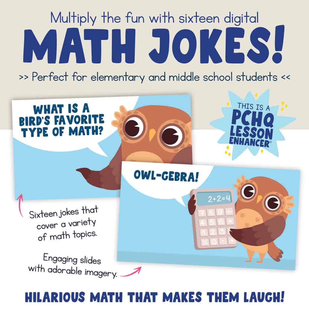 An image of an advert for our Math Jokes product. It's one of our favourite spring break activities for kids who like math.