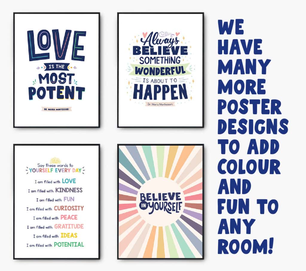 Ad outlining 4 of the posters we sell that bring colour and positivity to any room.