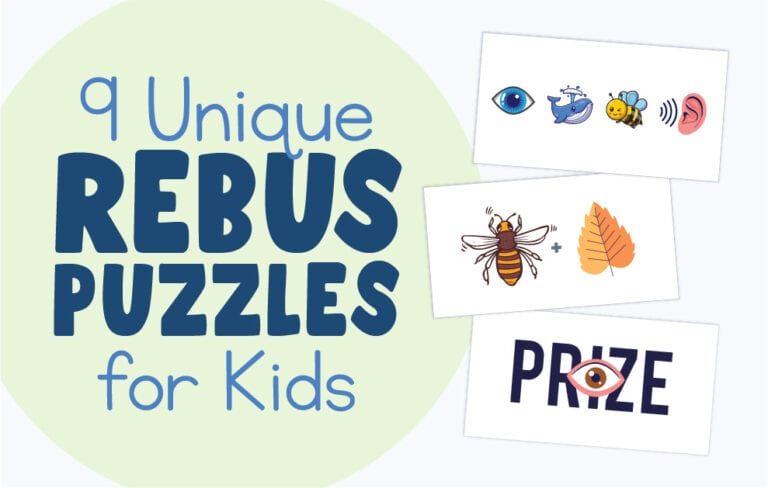 Rebus puzzles next to the words 9 unique rebus puzzles for kids