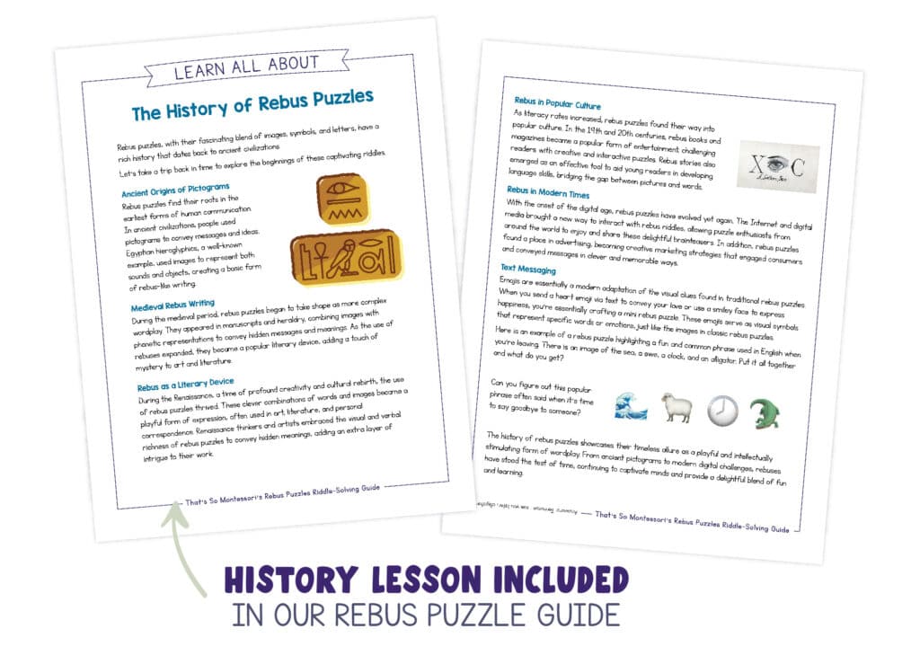 An image showing two pages of our rebus puzzle guide for kids that includes information about the history of rebus puzzles.