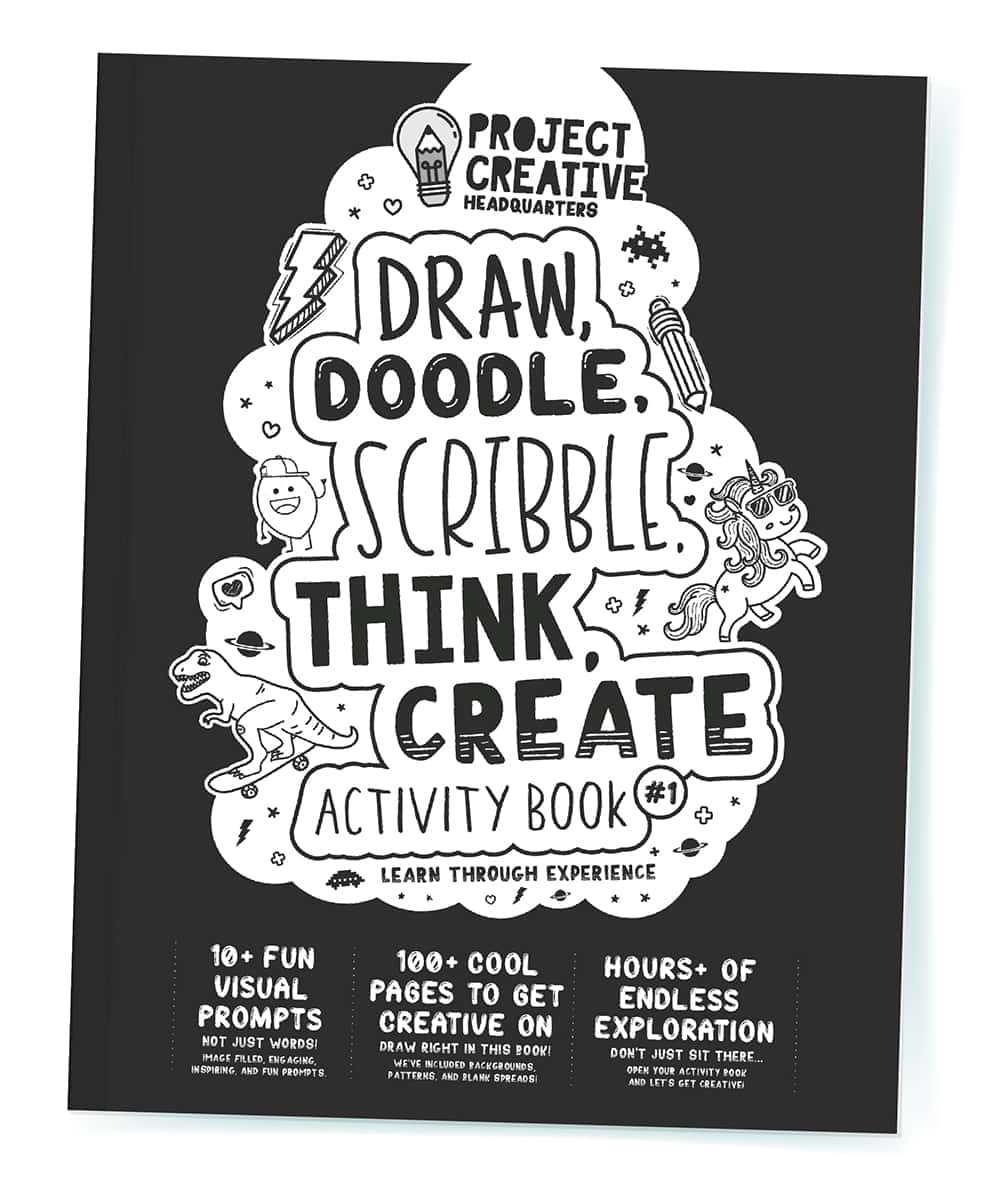 A digital image of the cover of our activity book, Draw Doodle Scribble Think Create. It's a great activity for kids over spring break.