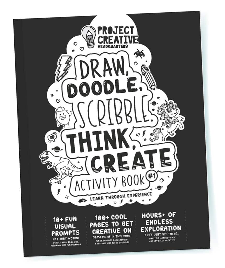 The cover of our self-published activity book for kids Draw Doodle Scribble Think Create