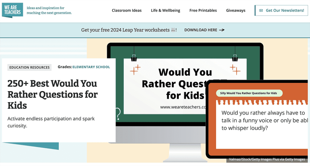A screen shot of a blog we wrote for We Are Teachers with tons of would you rather questions.