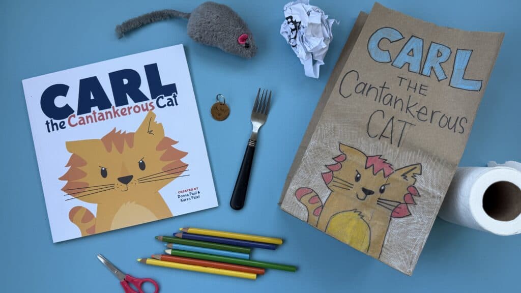 A book report in a bag example for Carl the Cantankerous Cat, a great picture book for kids.