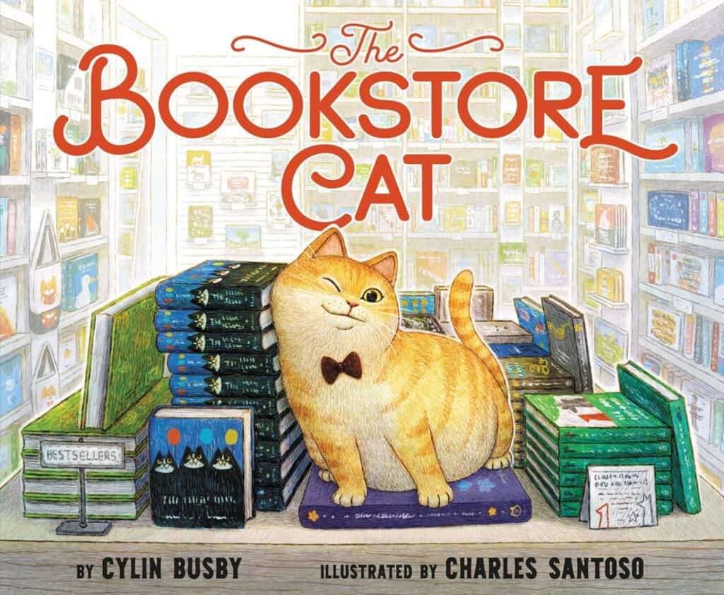 A picture of the cover of 'The Bookstore Cat' which is one of the great cat books for kids.