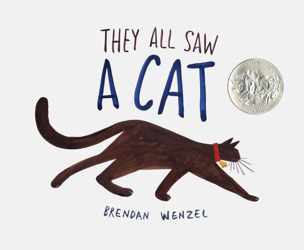 A picture of the cover of 'They All Saw a Cat' which is one of the great cat books for kids.