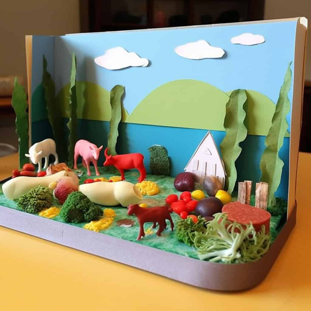 A diorama of a farm, where the animals are made of plasticine and the background is construction paper. This is one of the more popular book report ideas for 5th grade.