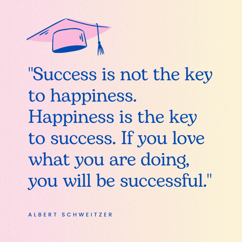 An elementary graduation quote that says, "Success is not the key to happiness. Happiness is the key to success. If you love what you are doing, you will be successful."
