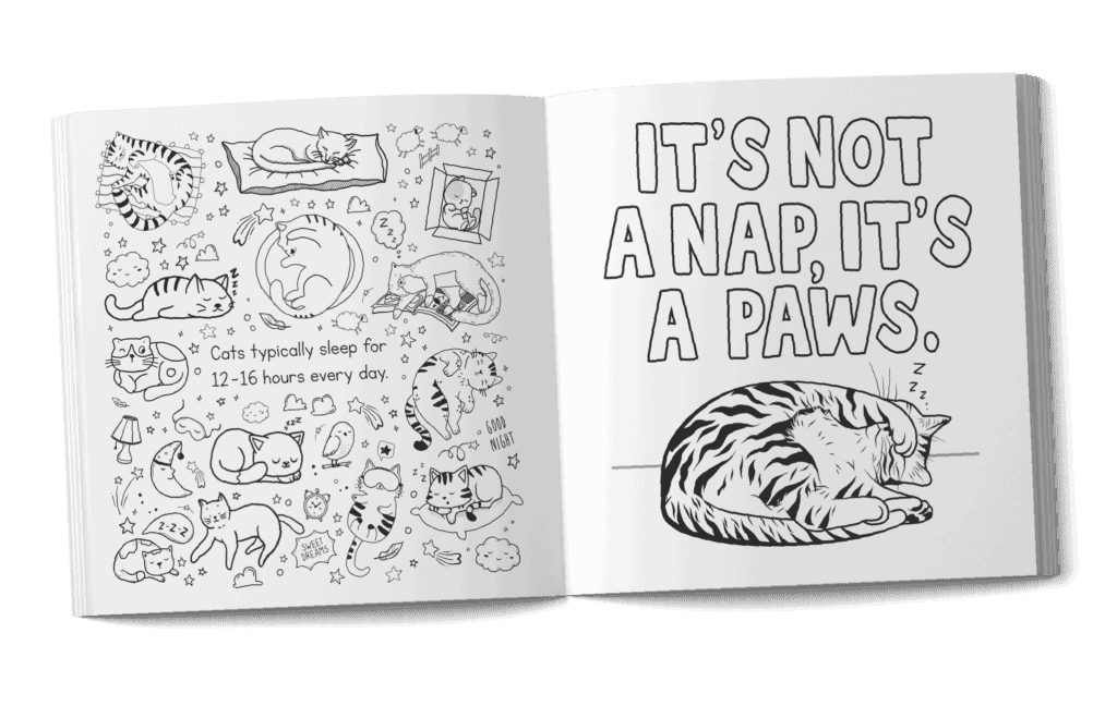 A spread from our amazing cat facts for kids coloring book that states that cats sleep most of the day away!