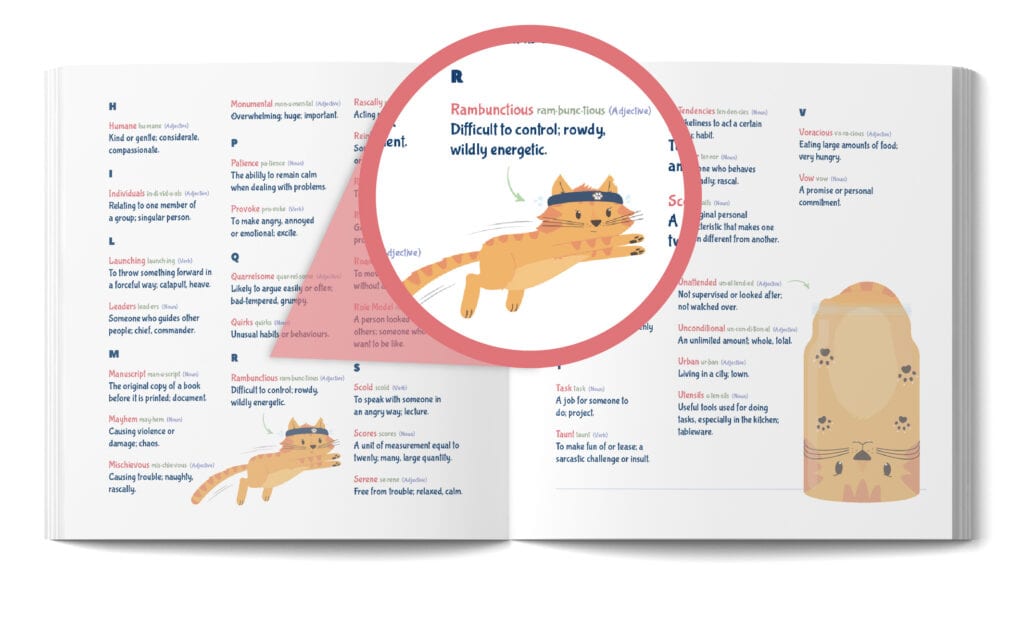 An image of a spread from one of the best picture books to teach vocabulary featuring the glossary of new words at the back of the book and how they define words in a kid-friendly way.