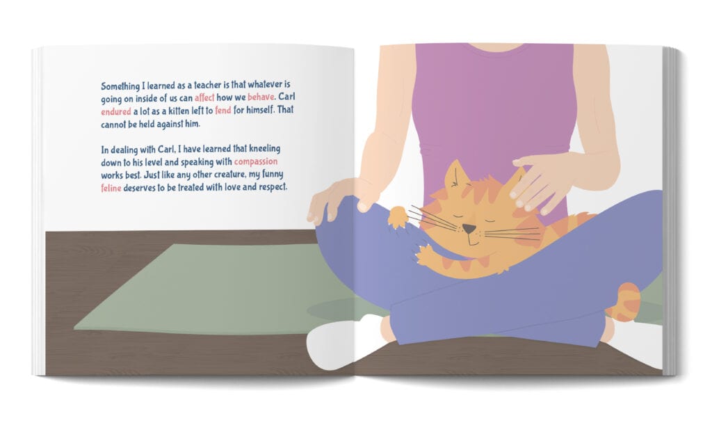 A spread from the book Carl the Cantankerous Cat that shows how this book teaches a lesson. Lots of teachable moments in this picture book that's one of the best for teaching vocabulary.