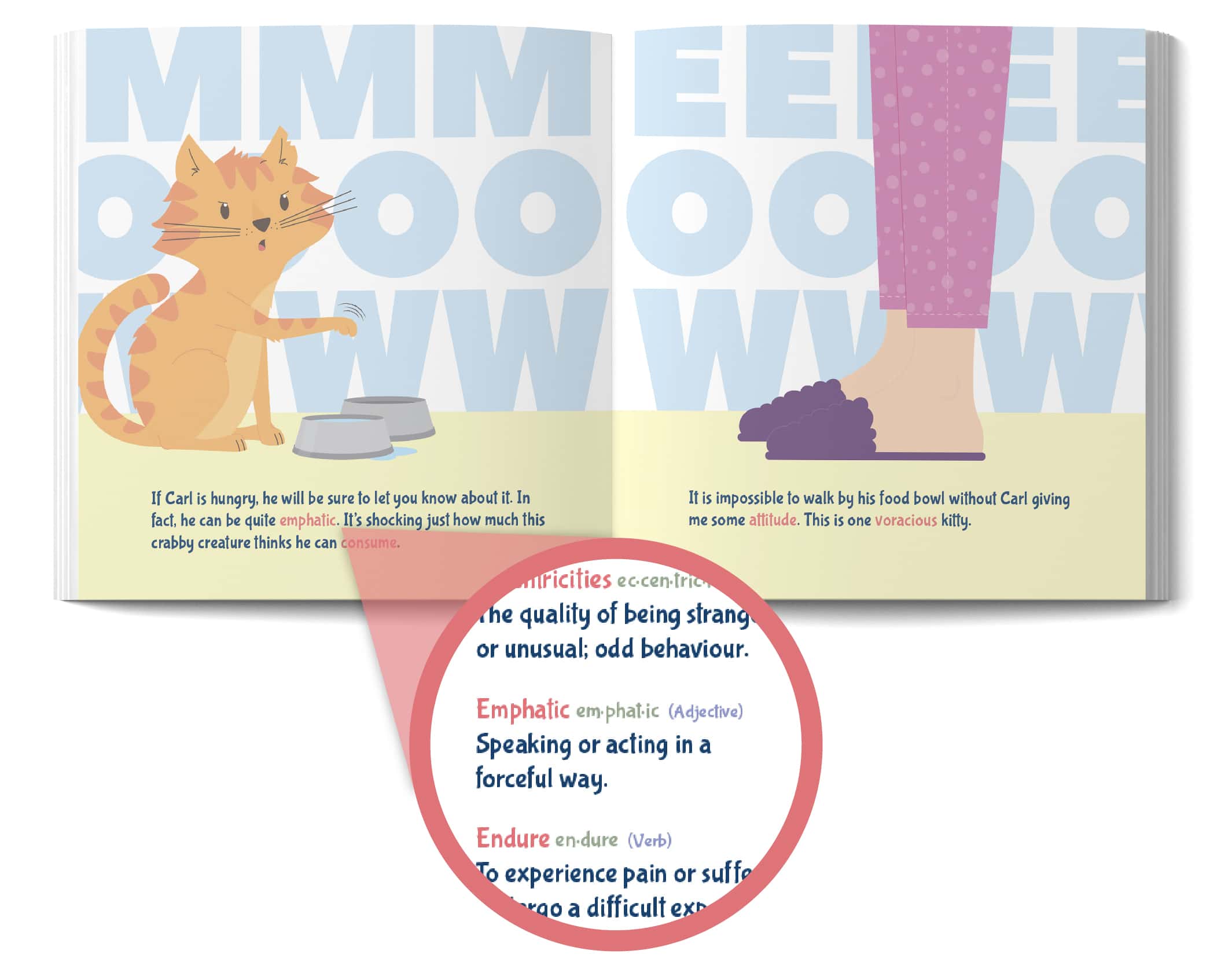 A fun spread from Carl the Cantankerous Cat, one of the best picture books to teach vocabulary, showing the advanced words and it's definition.