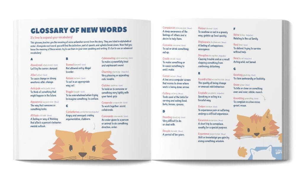 A spread of the glossary of new words that is at the back of this best picture book to teach vocabulary.