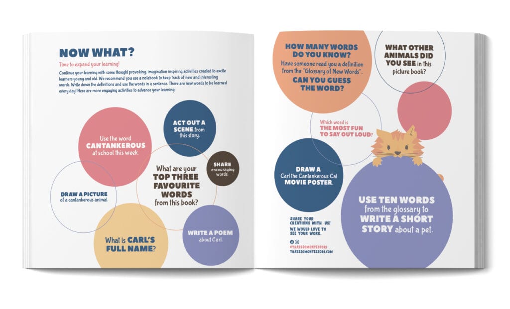 An image of a spread from Carl the Cantankerous Cat that shows the follow-up activities for post reading learning.