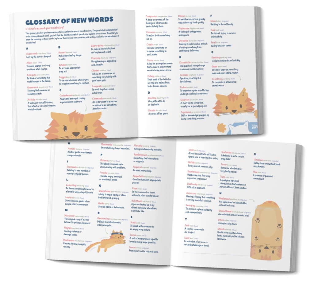 An image of the two spread glossary of new words that helps kids expand their vocabulary.