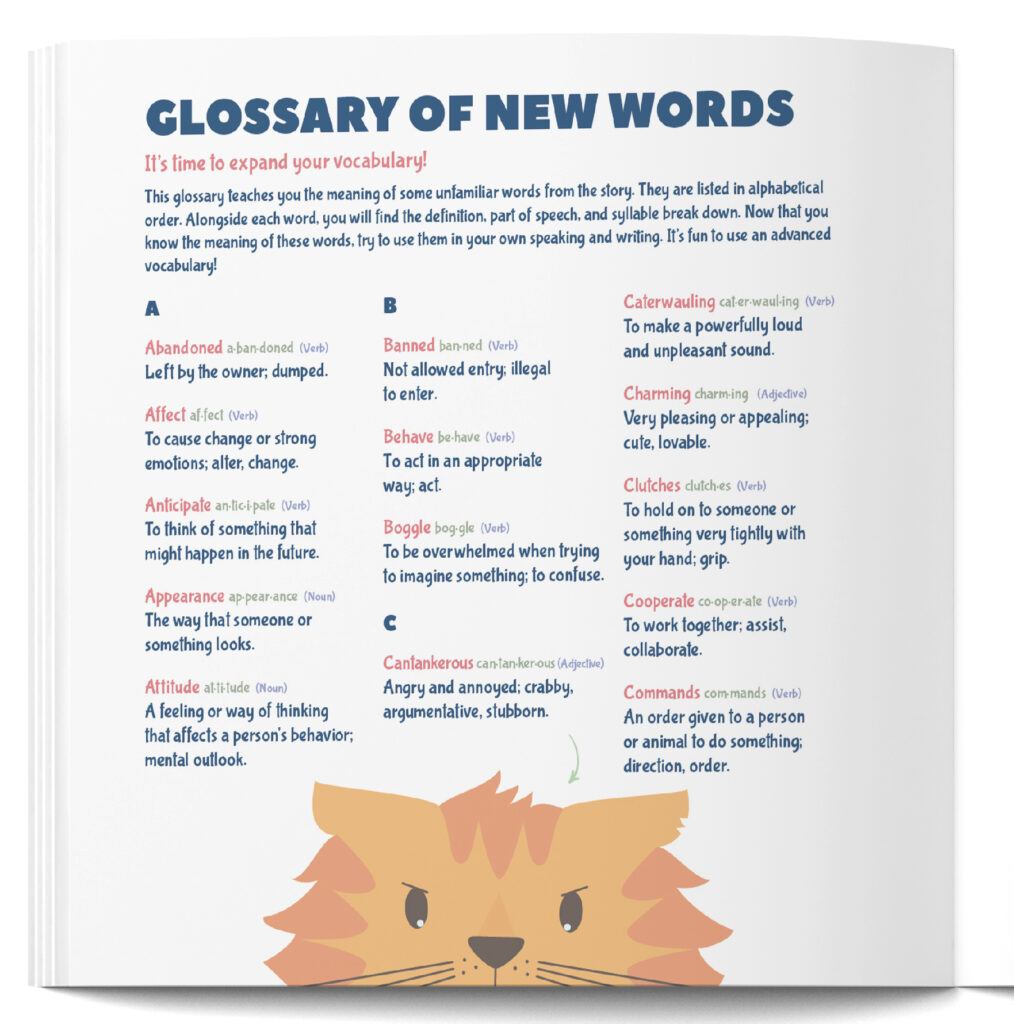 A closer up view of the glossary of new words at the back of the book Carl the Cantankerous Cat.