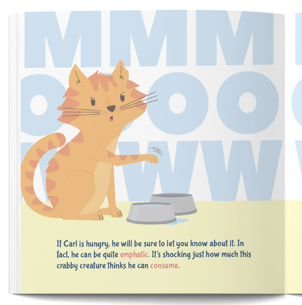 A page from Carl the Cantankerous Cat, showing Carl being very emphatic about his feeding.