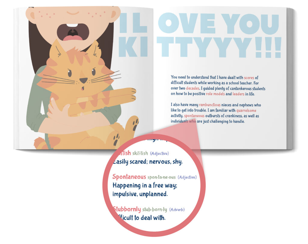 A cute page from the book Carl the Cantankerous Cat with an example of a word definition.