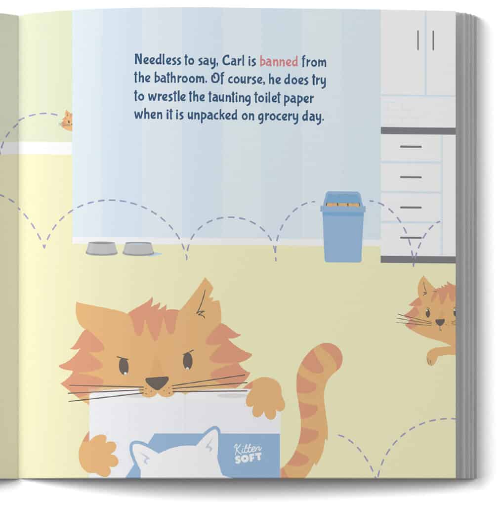 A cute page from the picture book Carl the Cantankerous Cat.