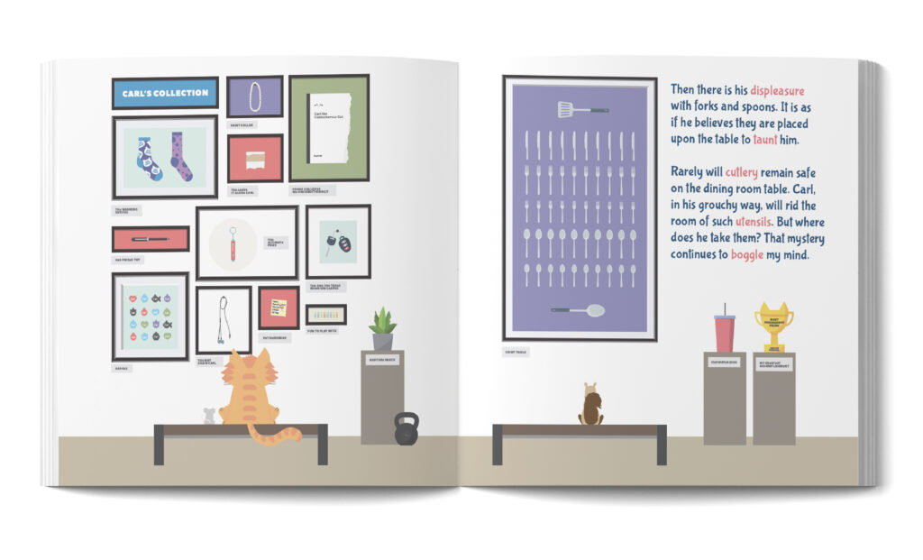 A fun spread from the picture book Carl the Cantankerous Cat.