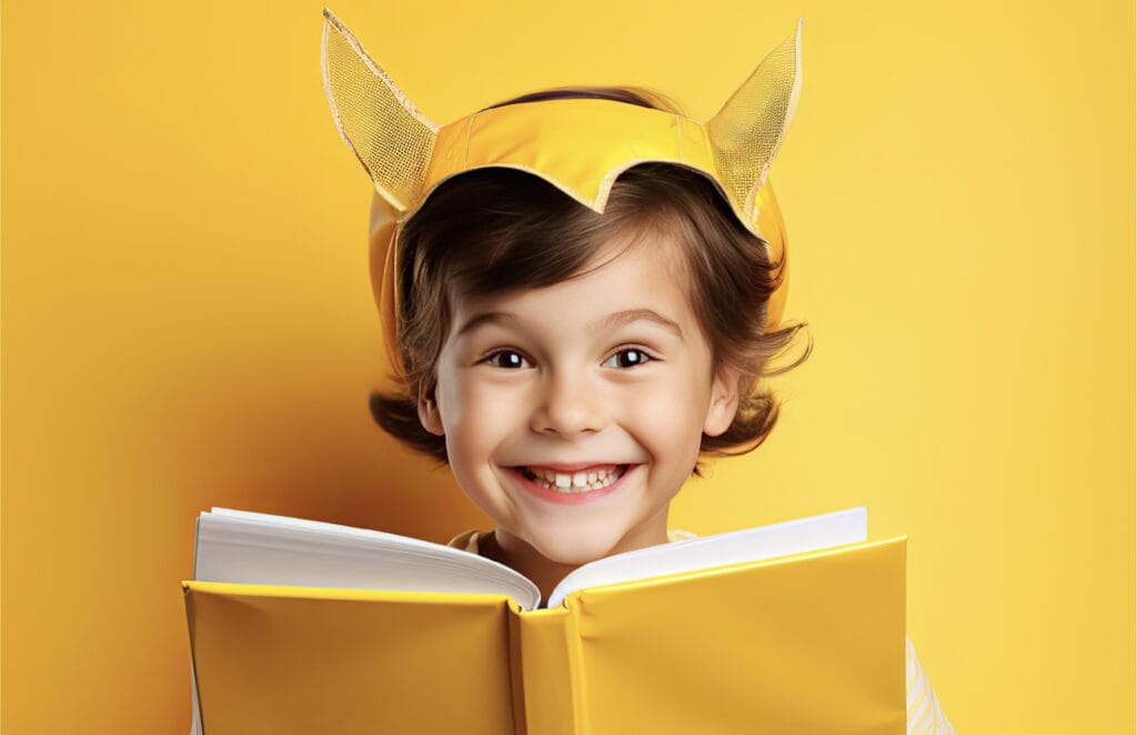 An image of an elementary-aged child holding a yellow book that is open. The child is smiling and wearing a yellow headband with ears.