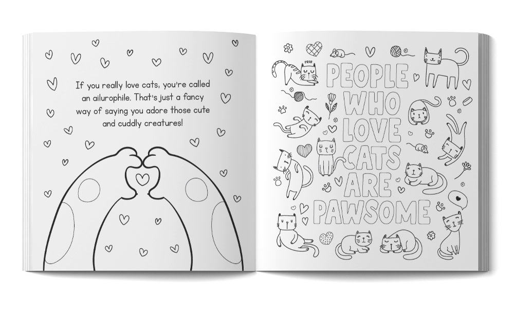 A really cute spread from our coloring book that talks about what a person with a deep admiration for cats is called.