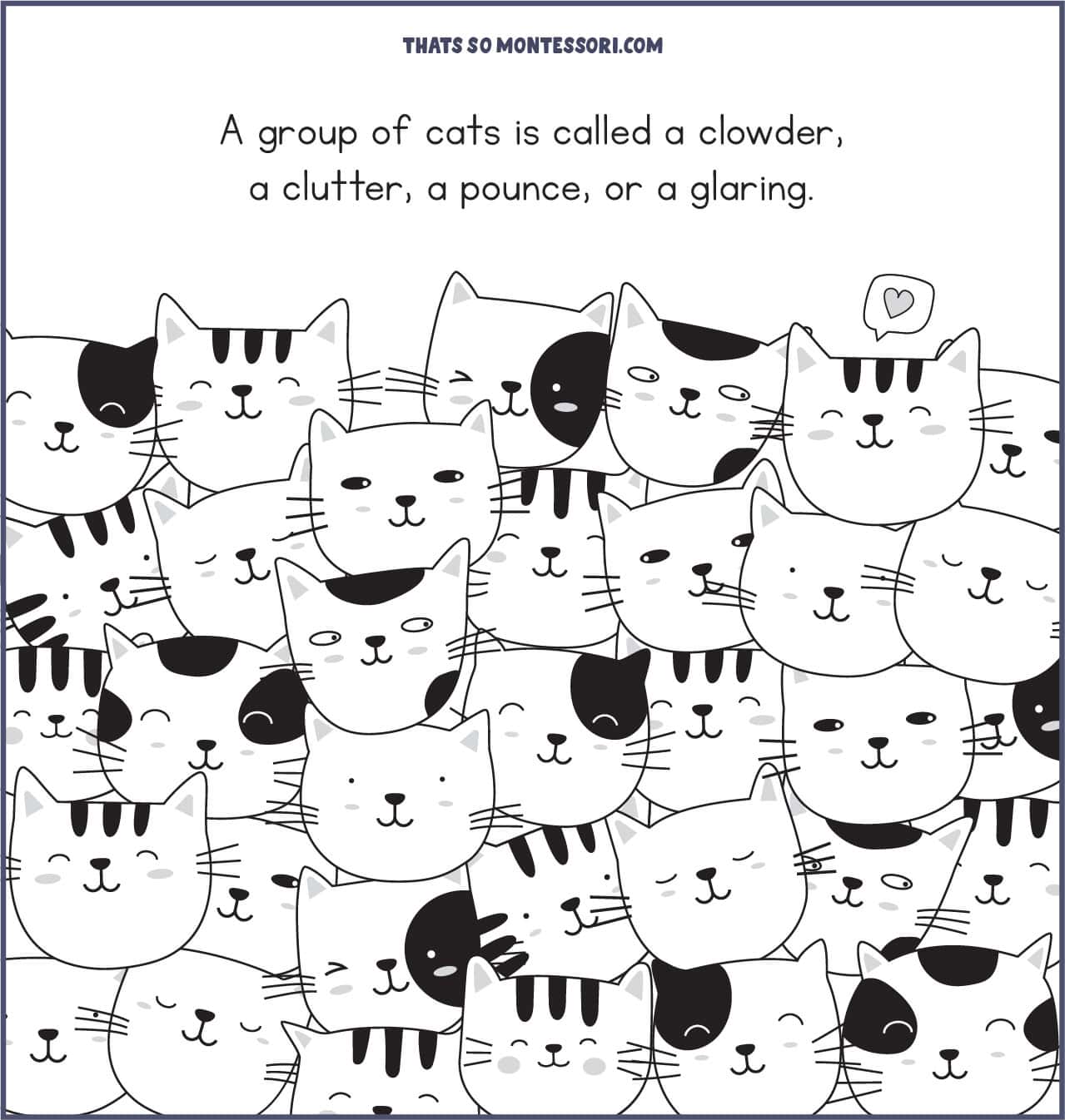 A cat fact explaining that a group of cats is called a clowder. The page is filled with adorably illustrated cat heads.