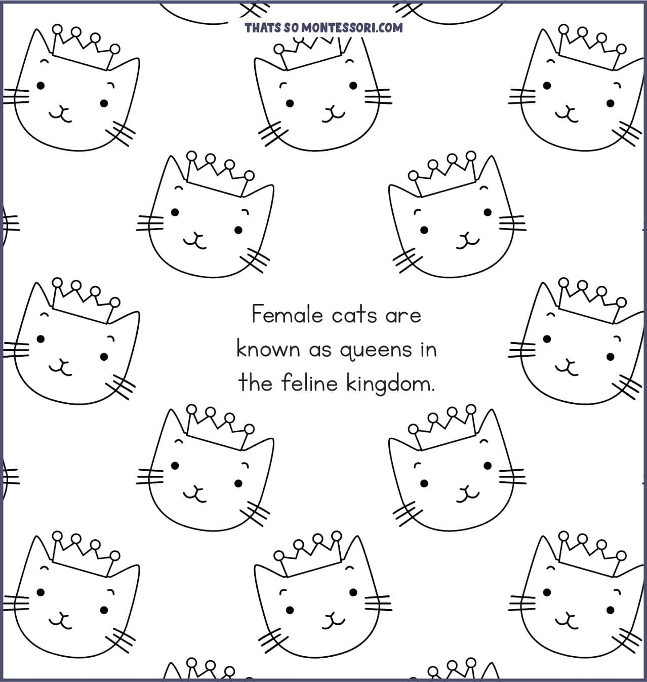 An illustration of a cat wearing a crown with a cat fact for kids stating: Female cats are known as queens in the feline kingdom.