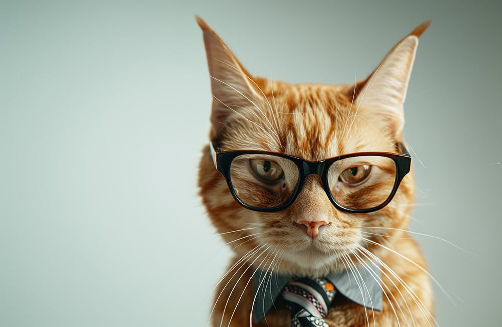 Business cat wearing glasses and a tie on an empty background with copy space