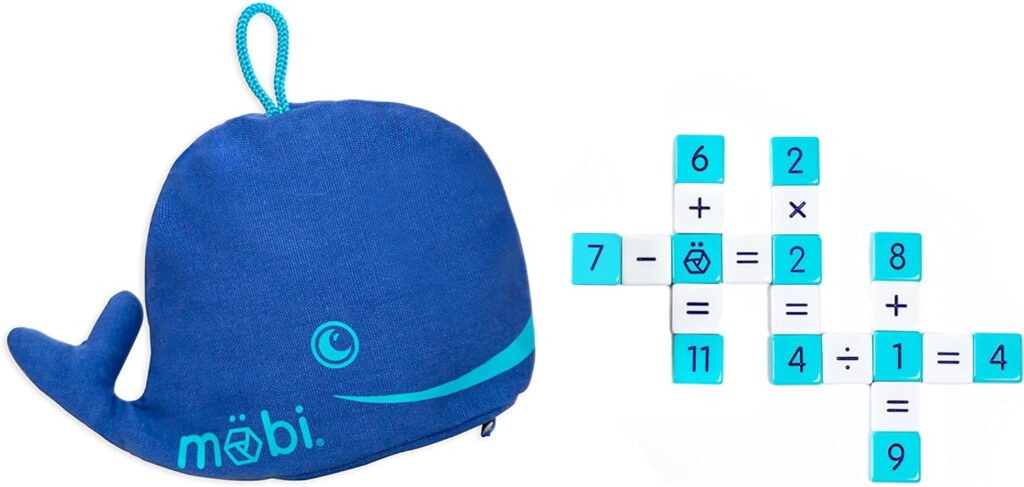 The Mobi math game for kids comes in this super cute whale pouch that holds the game tiles.