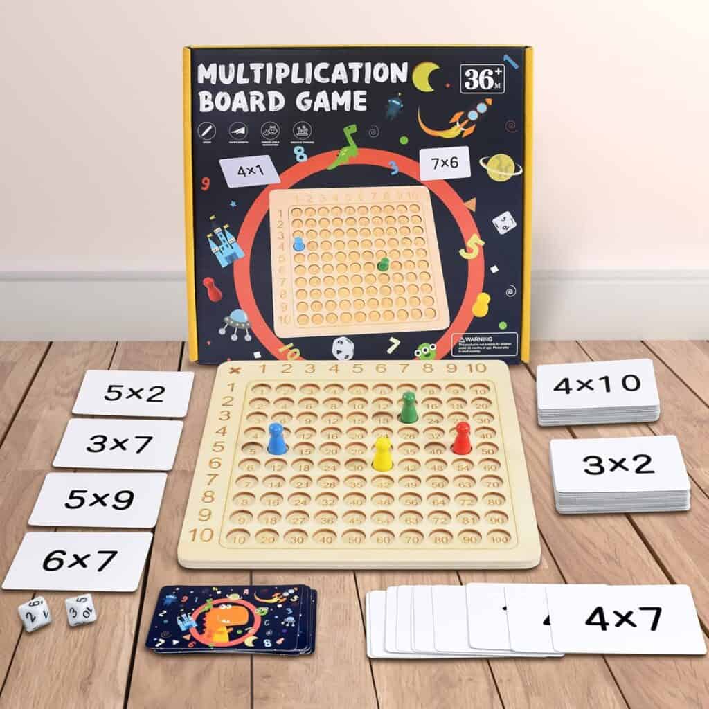 What's included in this multiplication board game for kids.