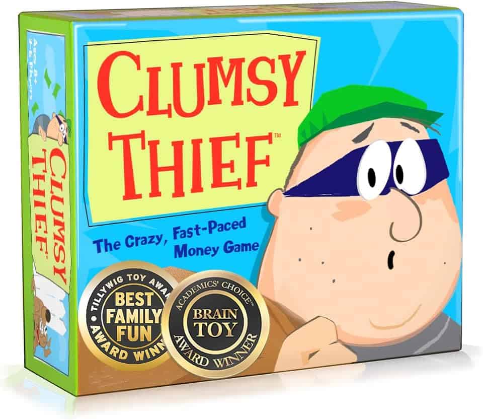 The box cover of a great math card game for kids called Clumsy Thief.
