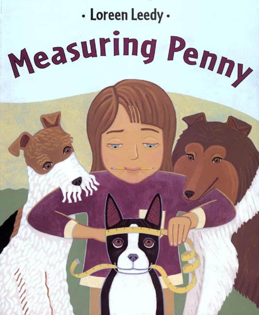 The cover of an adorable book that has a young girl measuring all sorts of different things on her dog. 