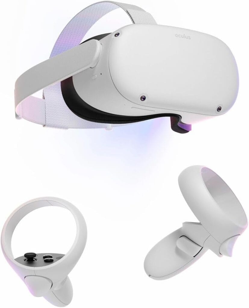 An image of a virtual reality head set and hand held pieces.