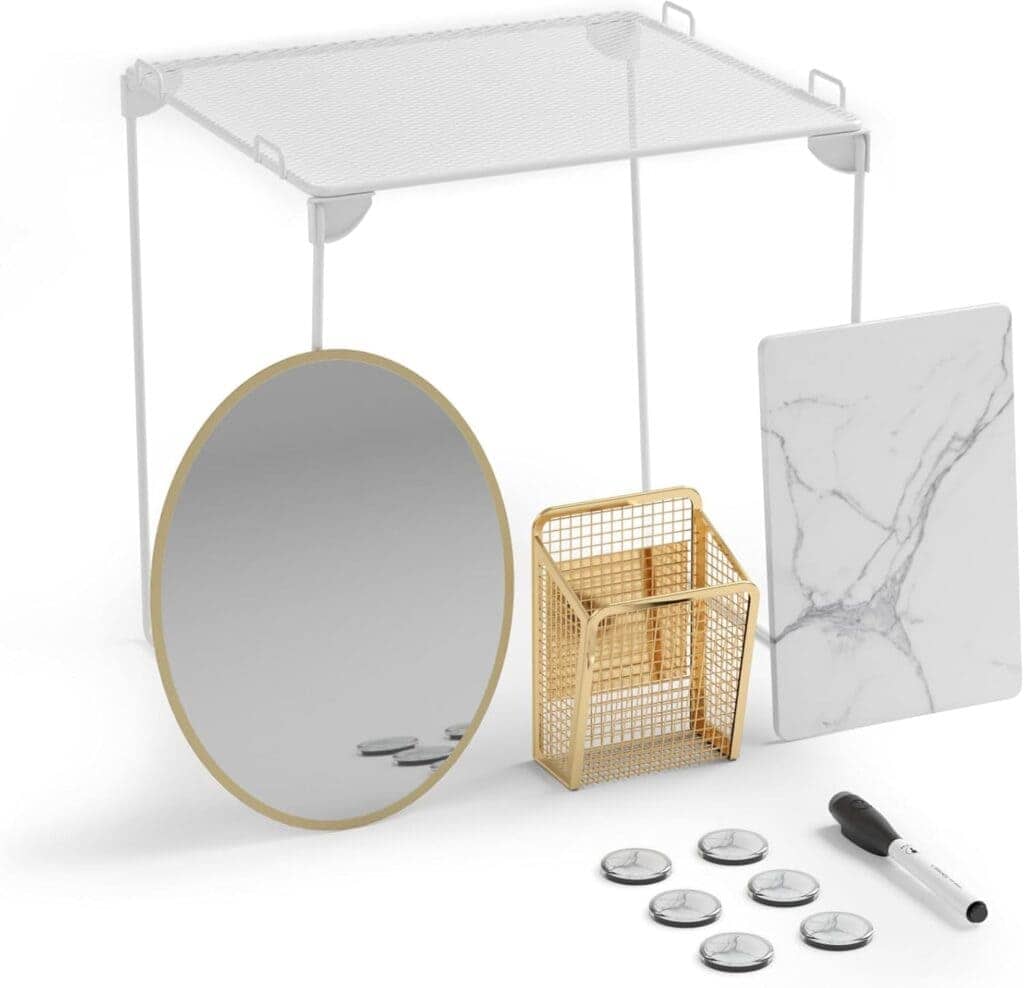 An image of the pieces included in a locker kit, including a mirror, dry erase board, magnets, a marker and a shelf.