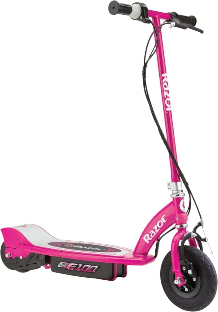 A pink electric scooter is shown.