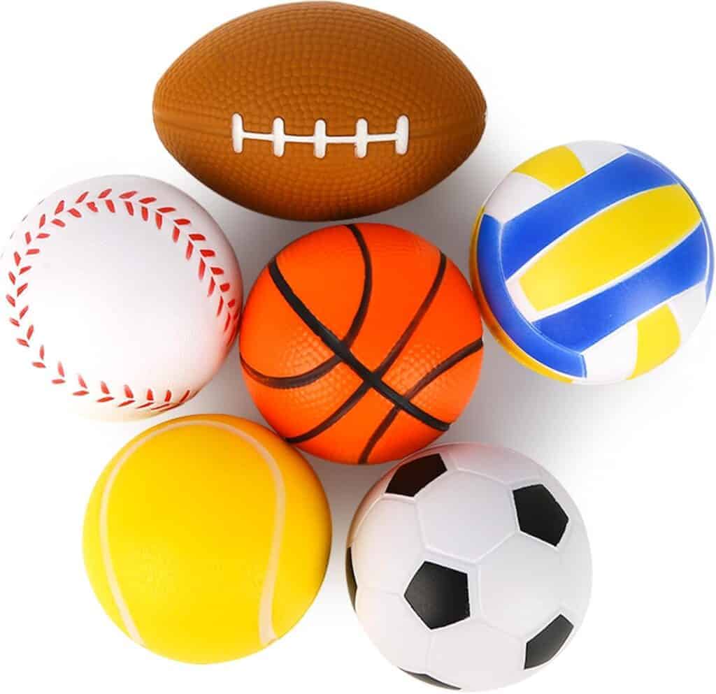 A set of stress balls that are in the shape of different sports balls.
