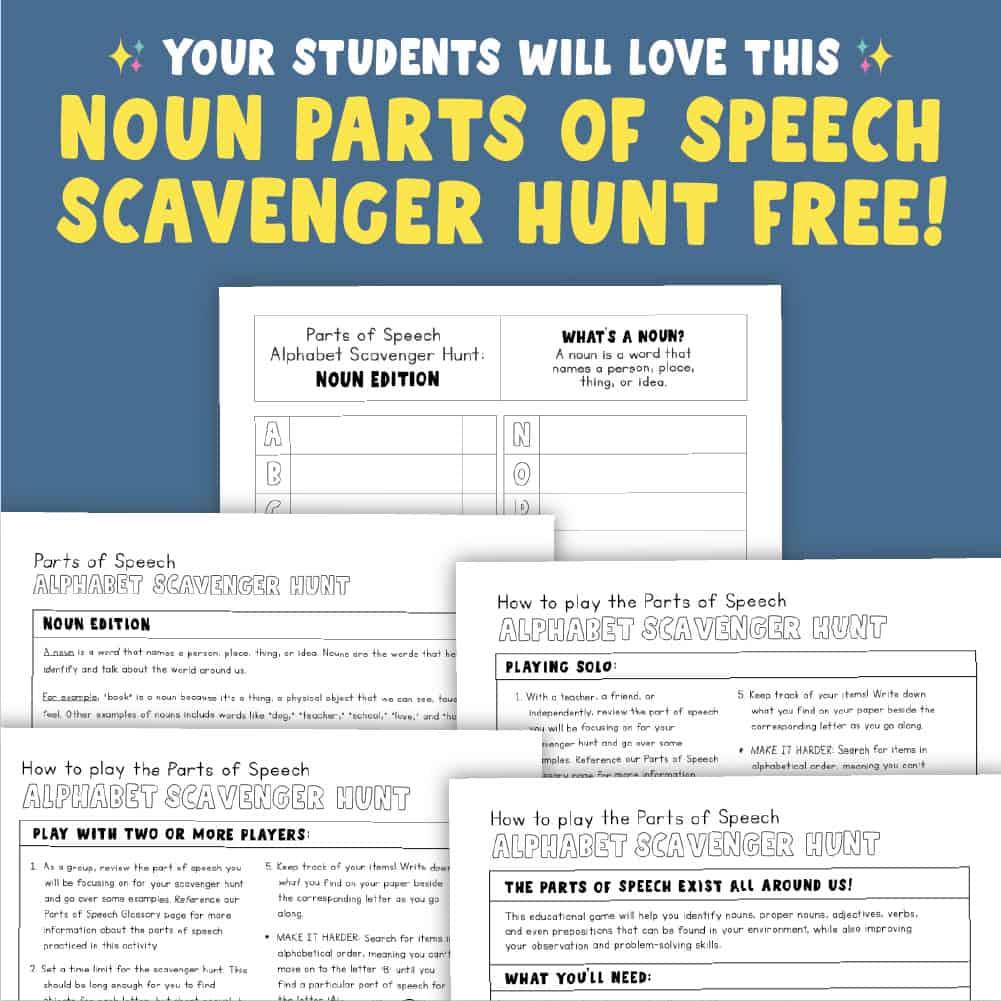 A promo piece highlighting our Noun Parts of Speech Scavenger Hunt, which cam be used to make math activities fun and engaging.