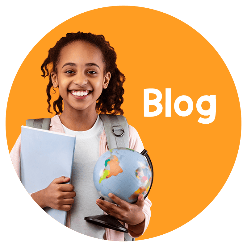 An image of a ten year old girl holding a book in one hand and a globe in the other. When you click here you go to the That's So Montessori blog.